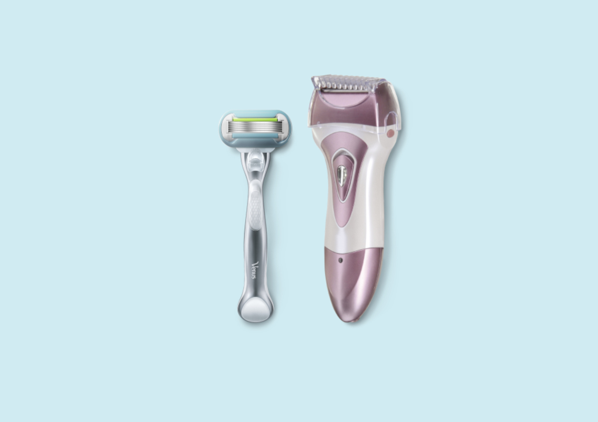 A Venus razor and a electric razor on a pale blue background | Venus UK