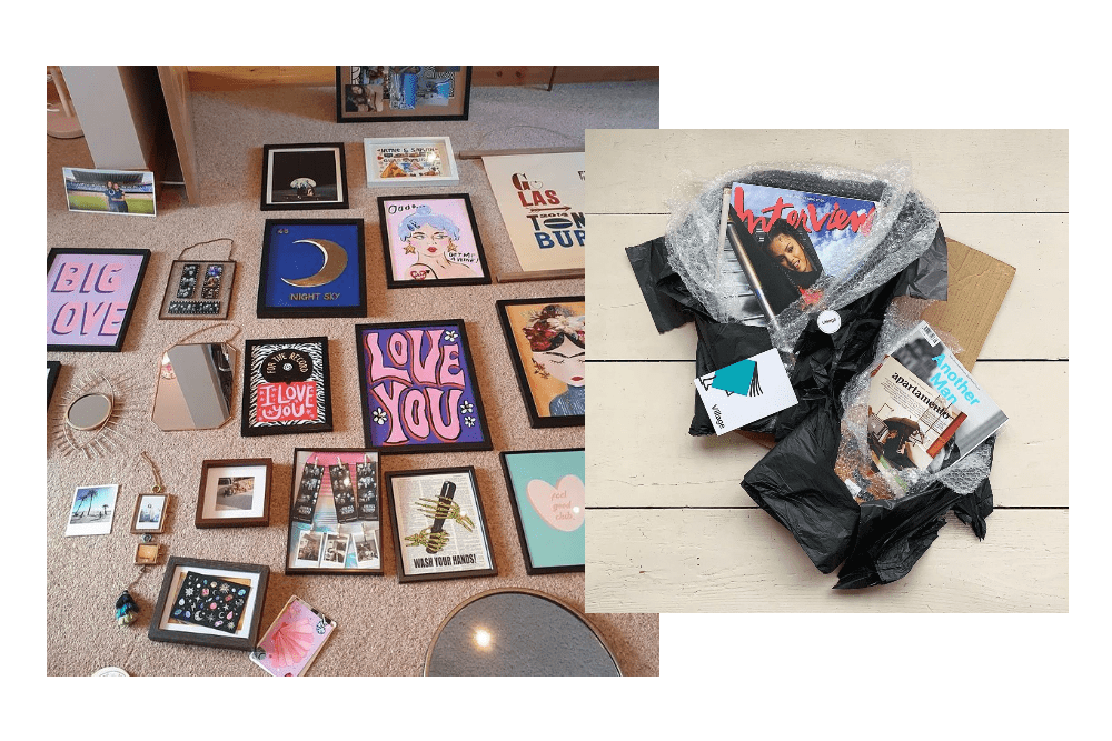 Framed art prints and magazines