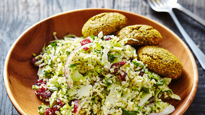 falafel burger and bulgar wheat salad