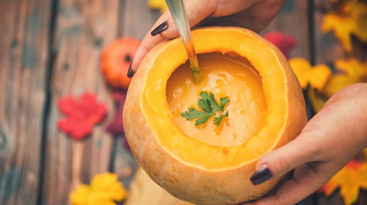 pumpkin soup in a pumpkin bowl