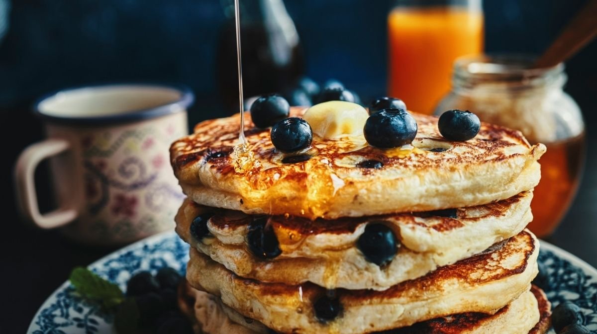 blueberry pancakes with maple syrup