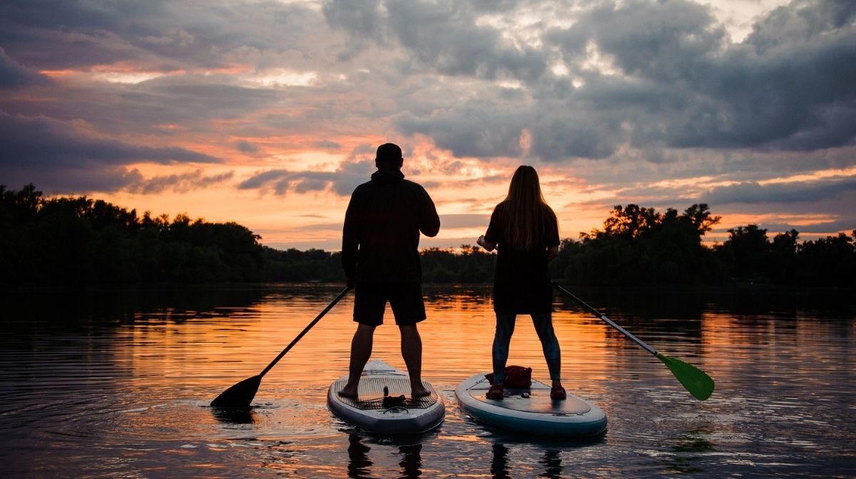couple paddle boarding at sunset