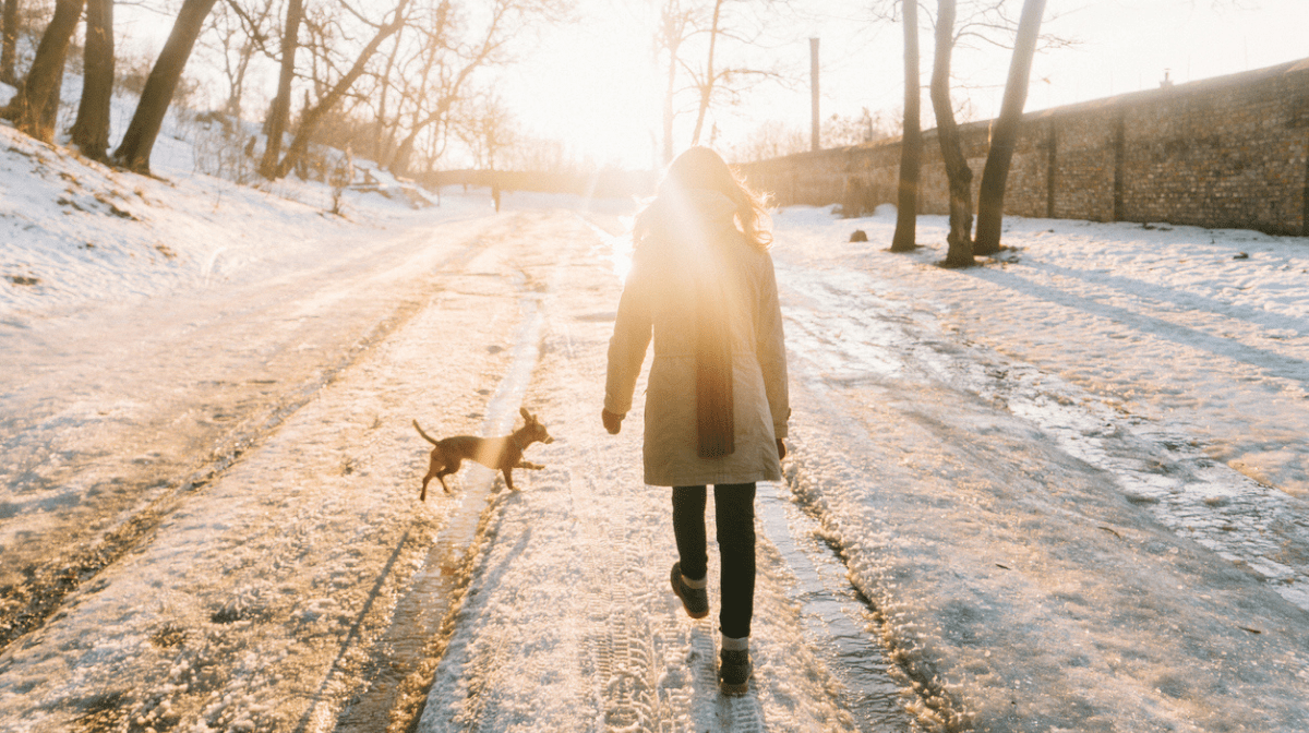 woman walking in the snow in low sunlight