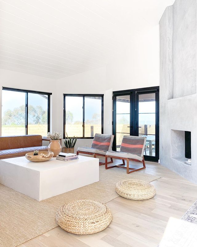Living room space with large windows and fireplace 