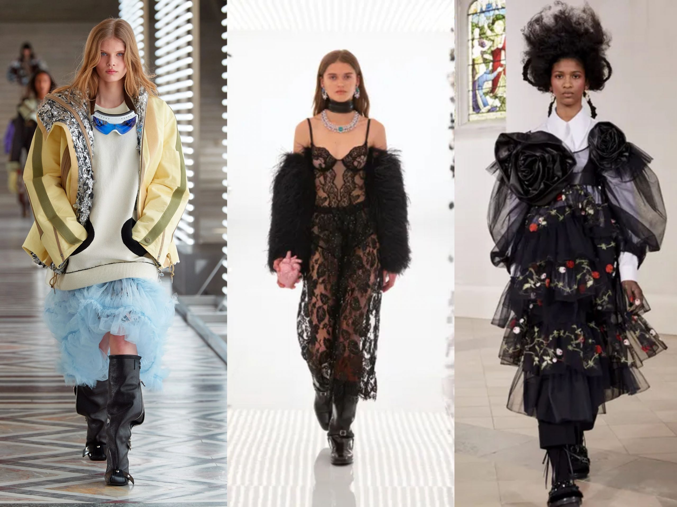 Models wearing AW21 trends sheers and ruffles