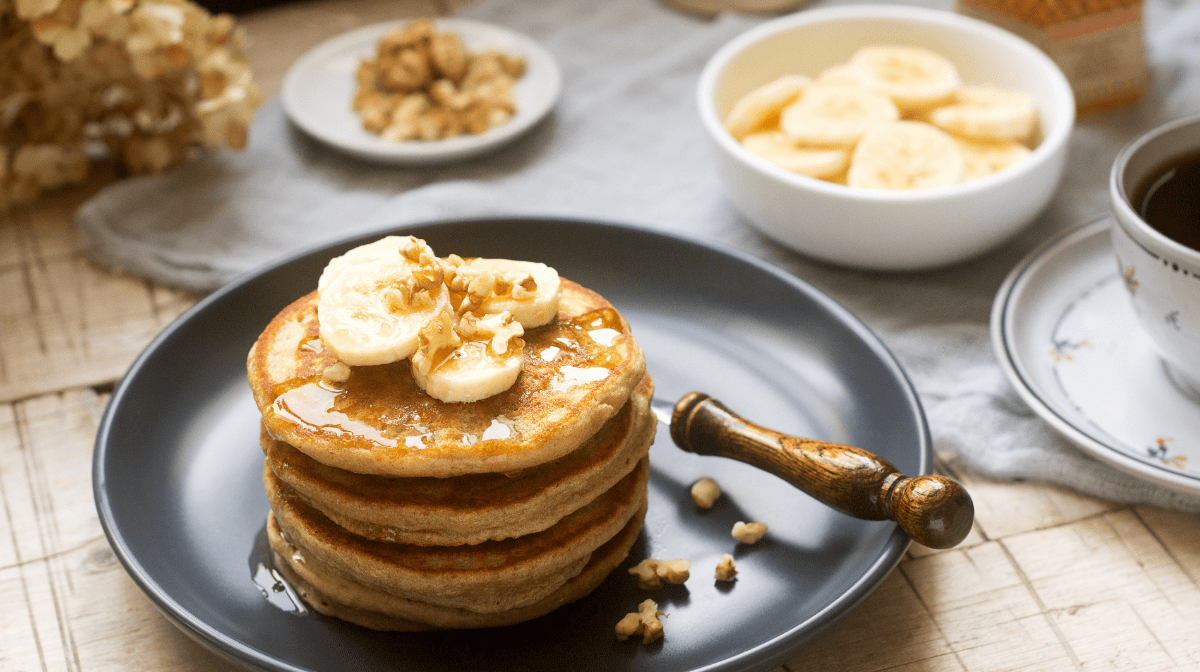 Stack of healthy, low-calorie banana pancakes - a good breakfast option for when you're following an Optifast diet plan