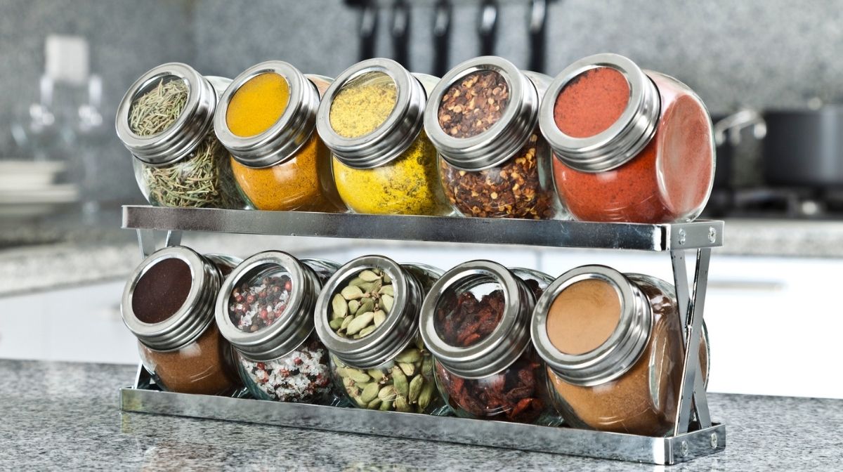 spice rack with herbs and spices