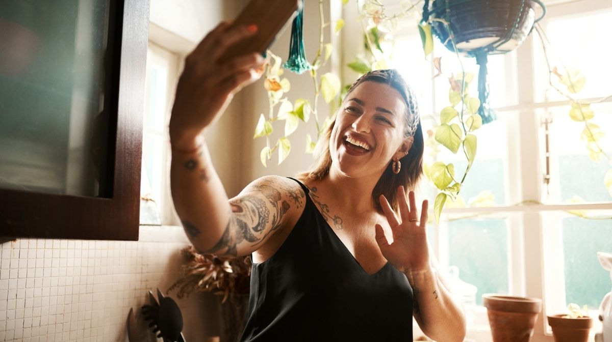 happy woman taking selfie