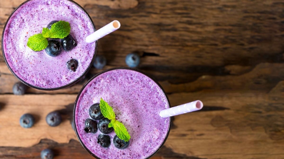 vegan blueberry and pineapple smoothie made with organic protein powder