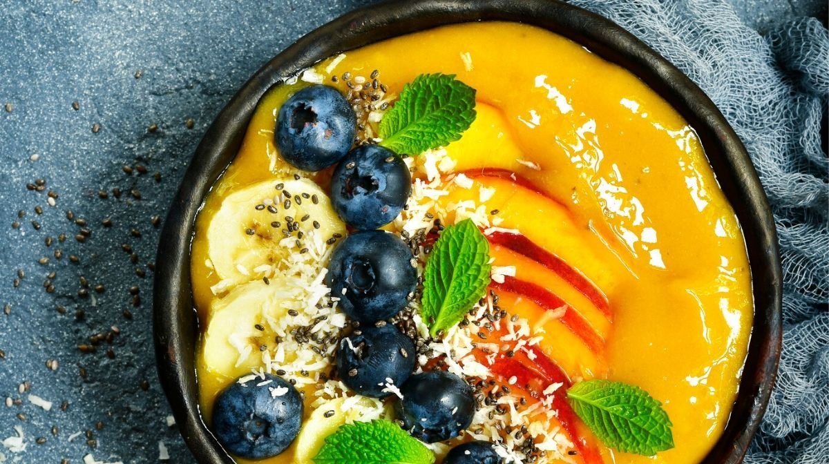 mango smoothie bowl with plant-based protein