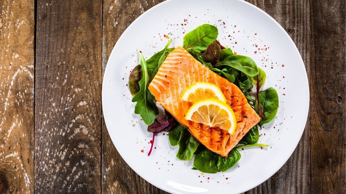 omega-3-packed salmon on a plate with salad