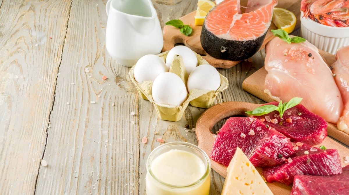 Image of food sources that contain the vitamin b12 including milk, cheese, chicken, tuna and beef