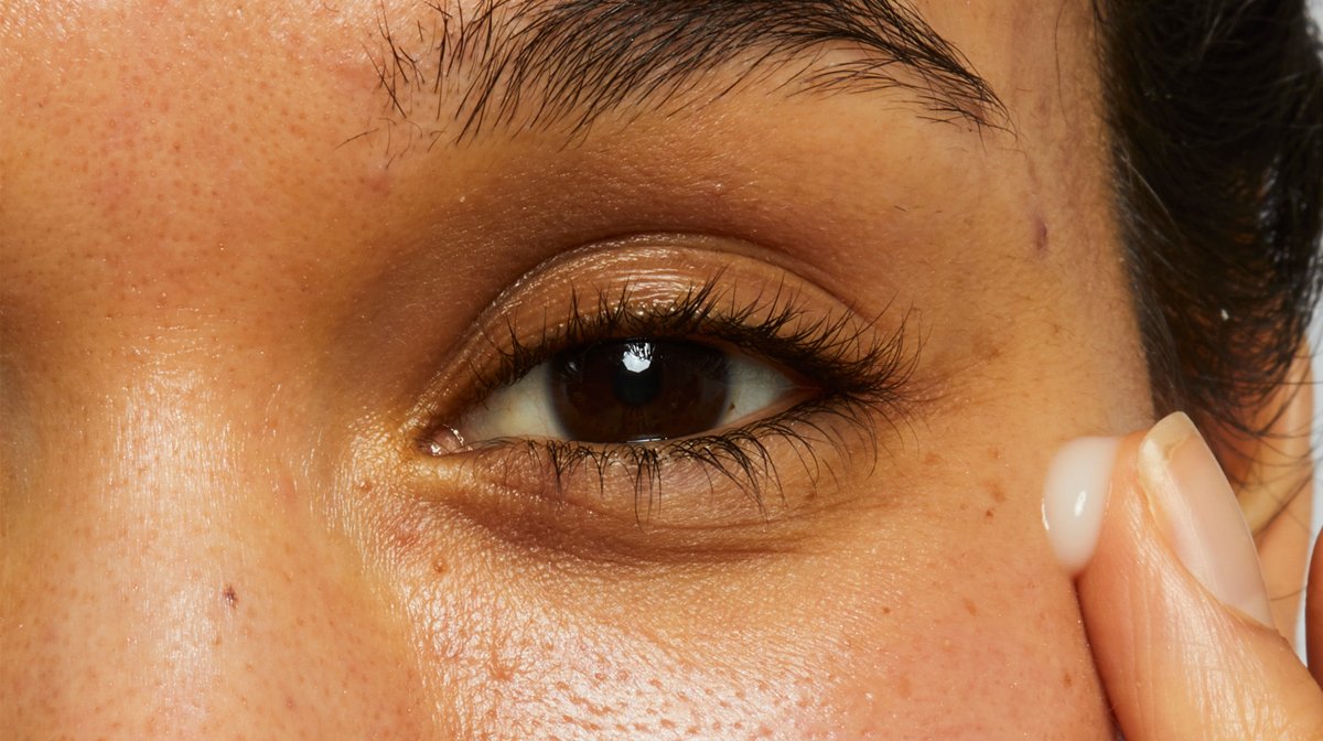Close up of an eye with finer applying serum to top of cheekbone.