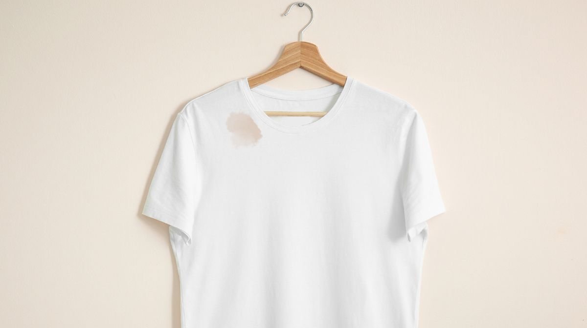 White t-shirt with foundation stain on a hanger