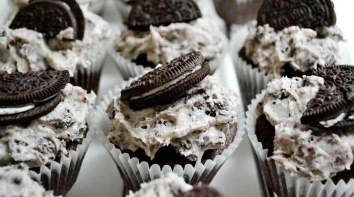A finished batch of Oreo cupcakes.