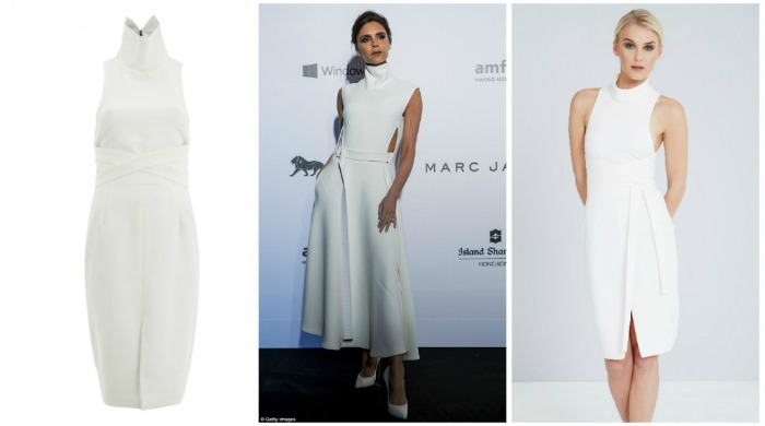 Victoria Beckham wearing a white dress.
