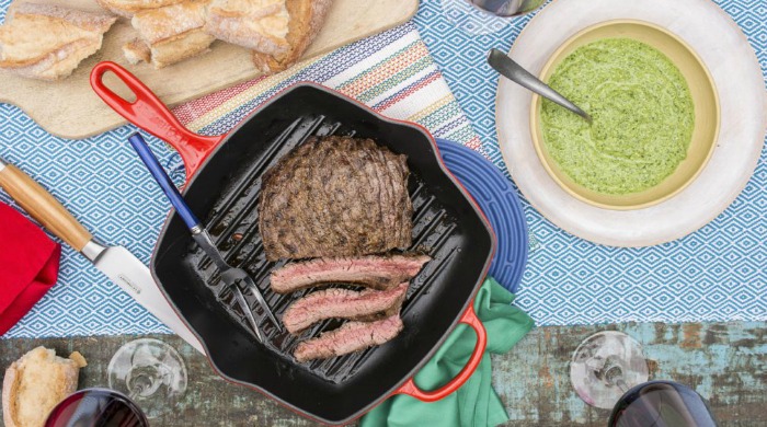 Succulent beef flank with spinach and Brazil nut pesto.