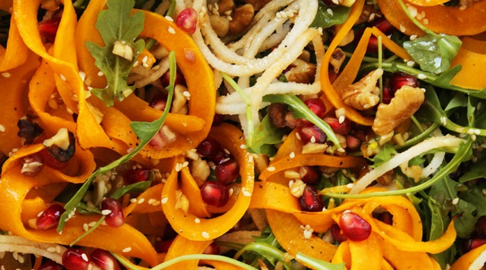 Pear, pomegranate and roasted butternut squash salad.