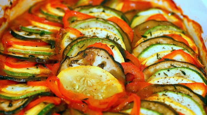 A baked dish of ratatouille.