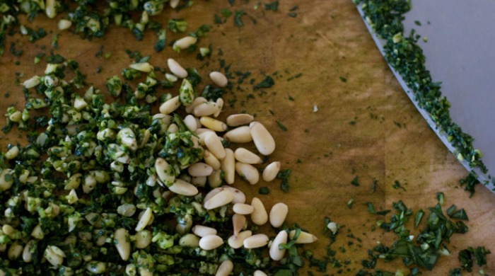 Pine nuts and finely chopped basil for pesto.
