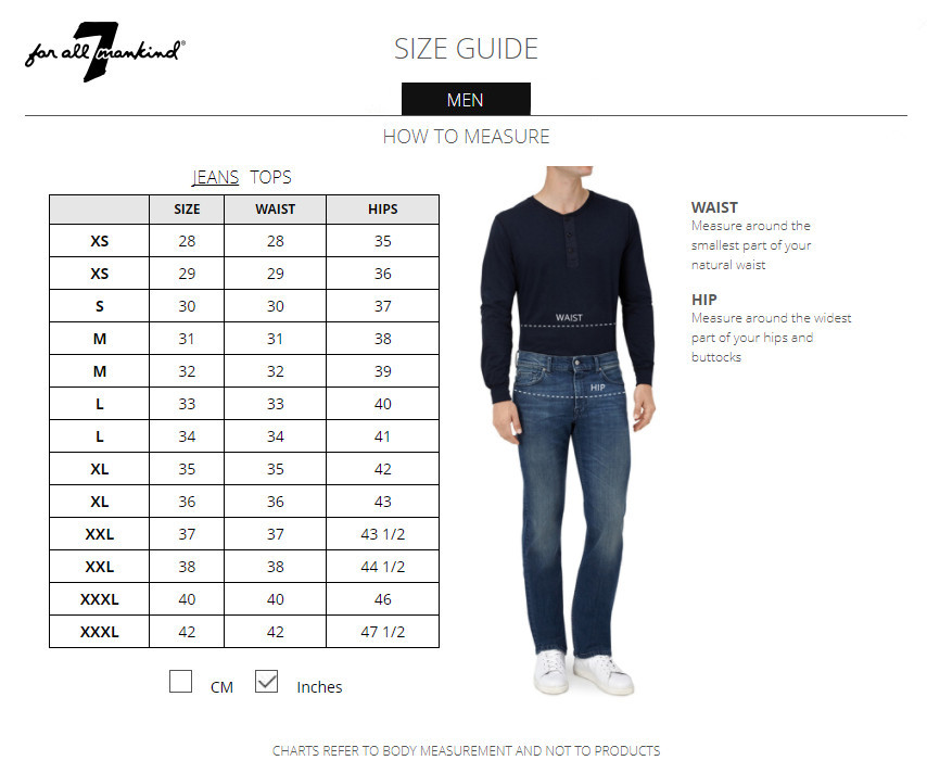 seven for all mankind size chart