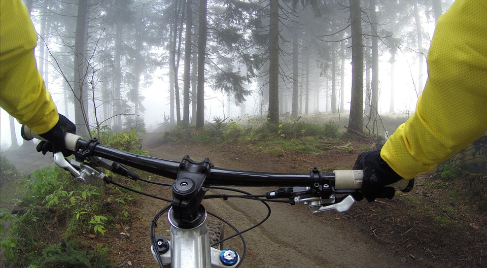 pov shot of a mountain biker with protective gear