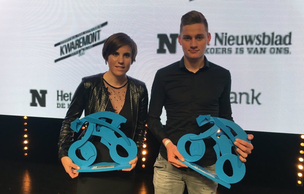 Sanne cant and mathieu van der poel collencting flandrian award trofee
