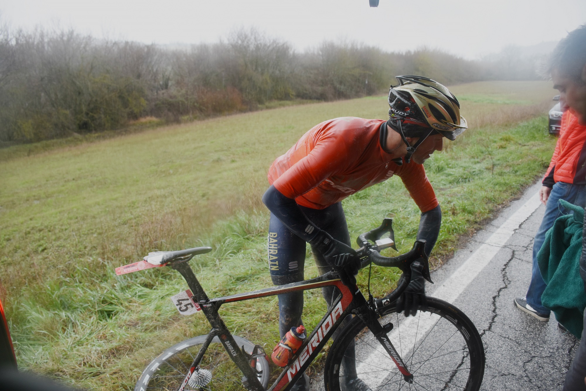 bahrain merida rider climbing in our sportful van