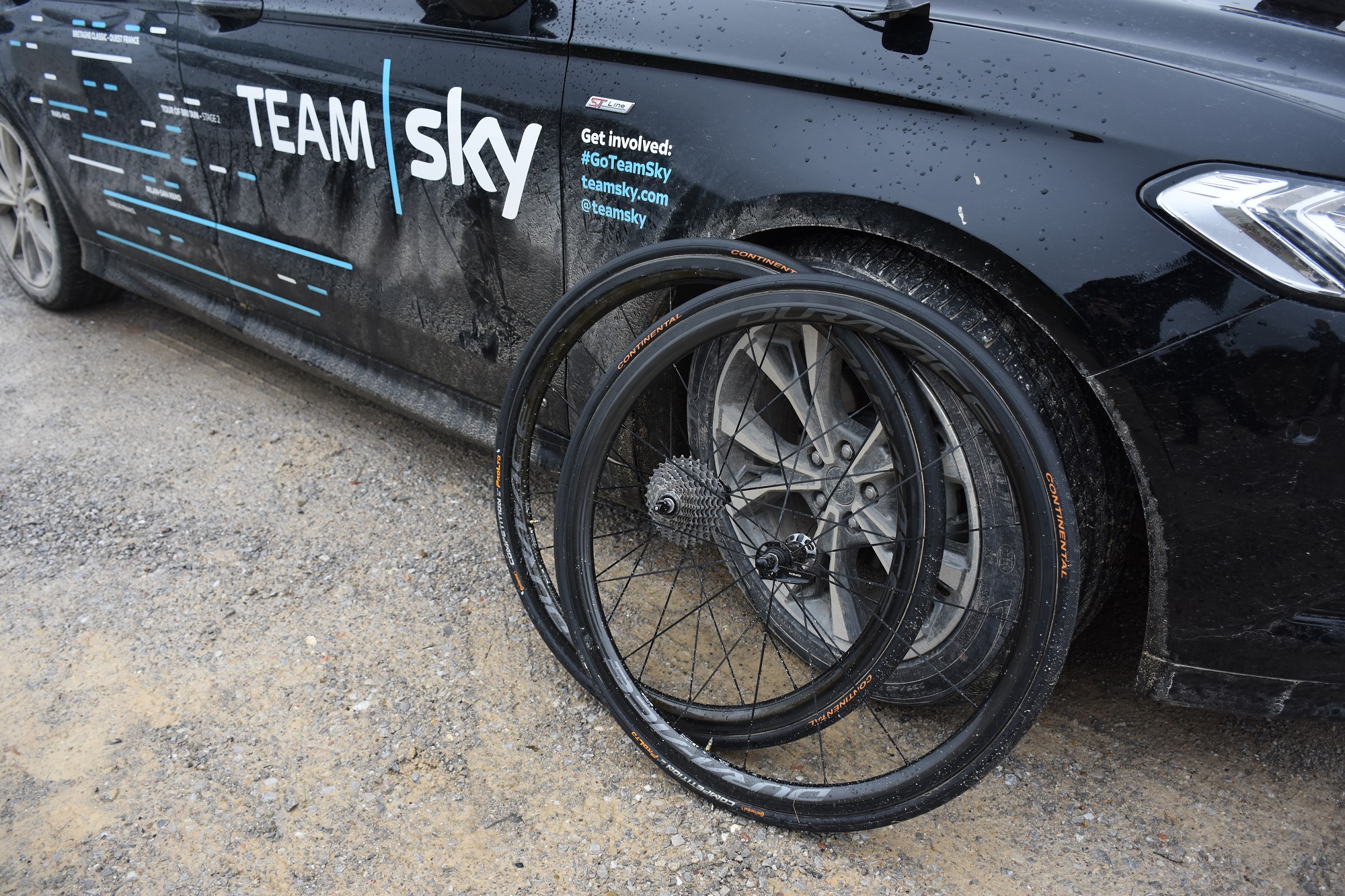 shimano dura-ace wheels against a team sky car