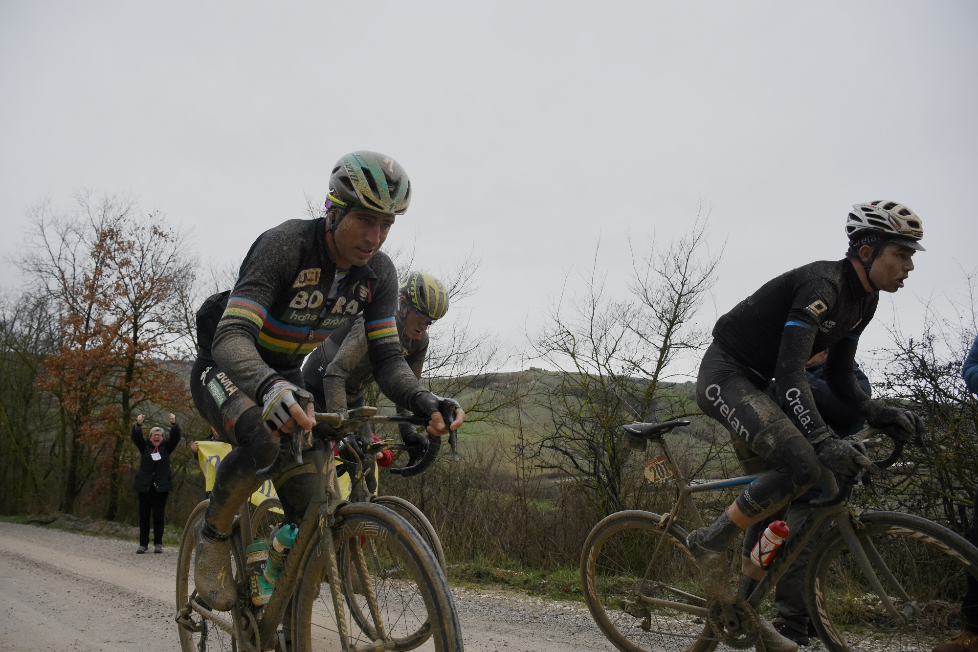 peter sagan in a sportful fiandre jaket as the rain falls in strade bianche 2018