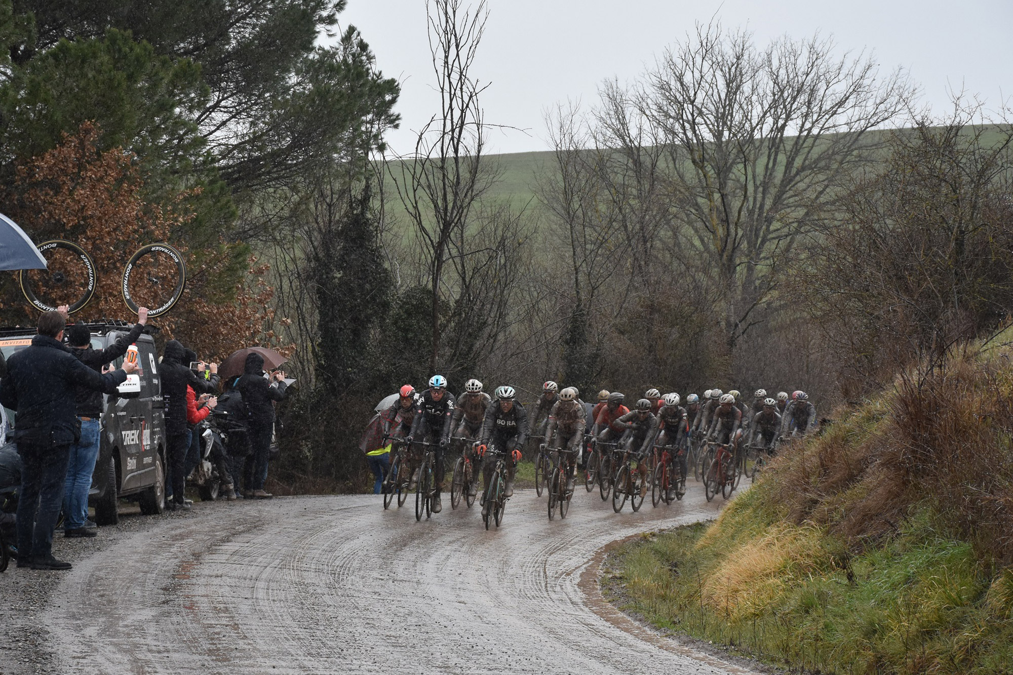 the peloton on sector 4 in tuscany.