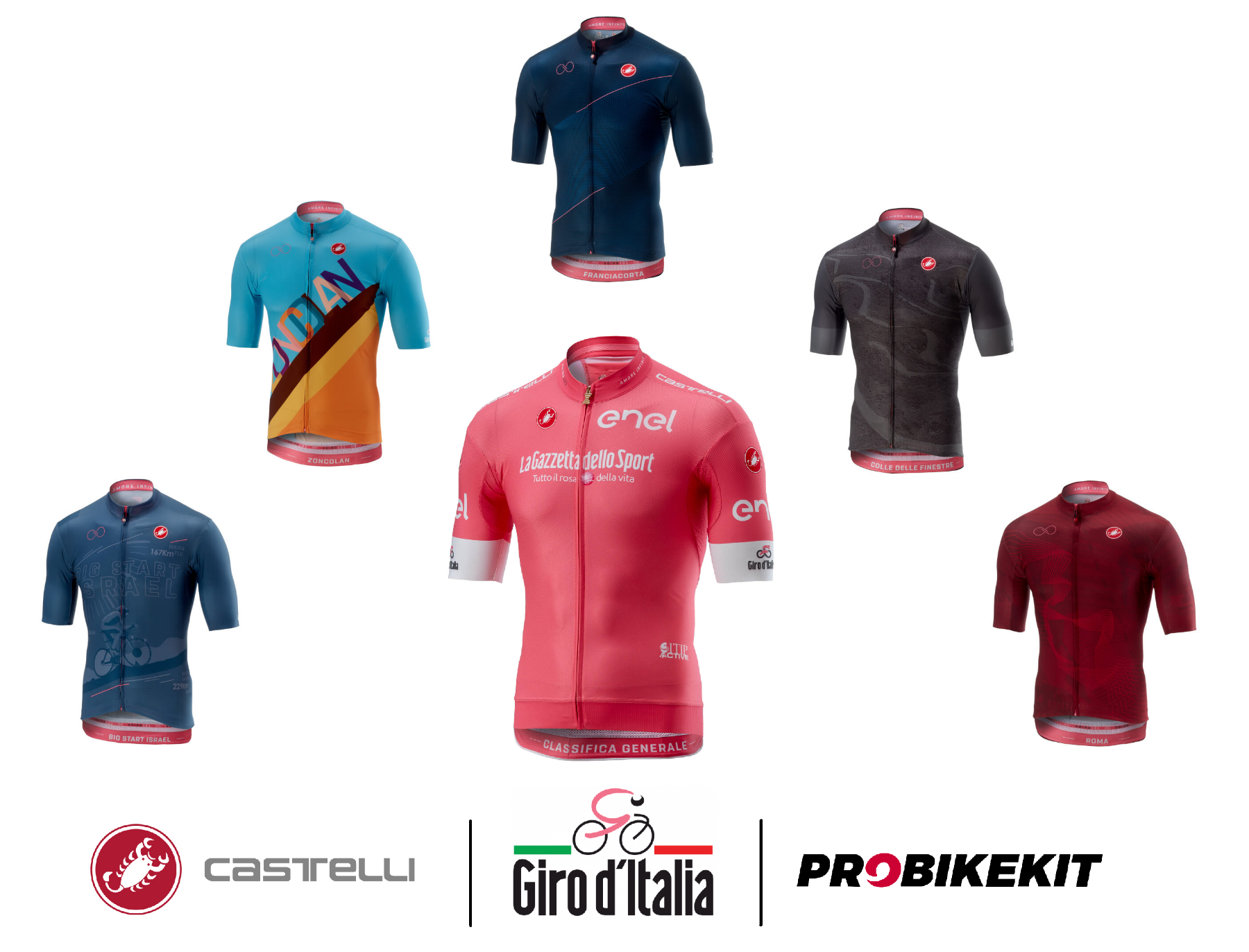 Giro D'Italia pink jersey and 5 special edition stage jerseys