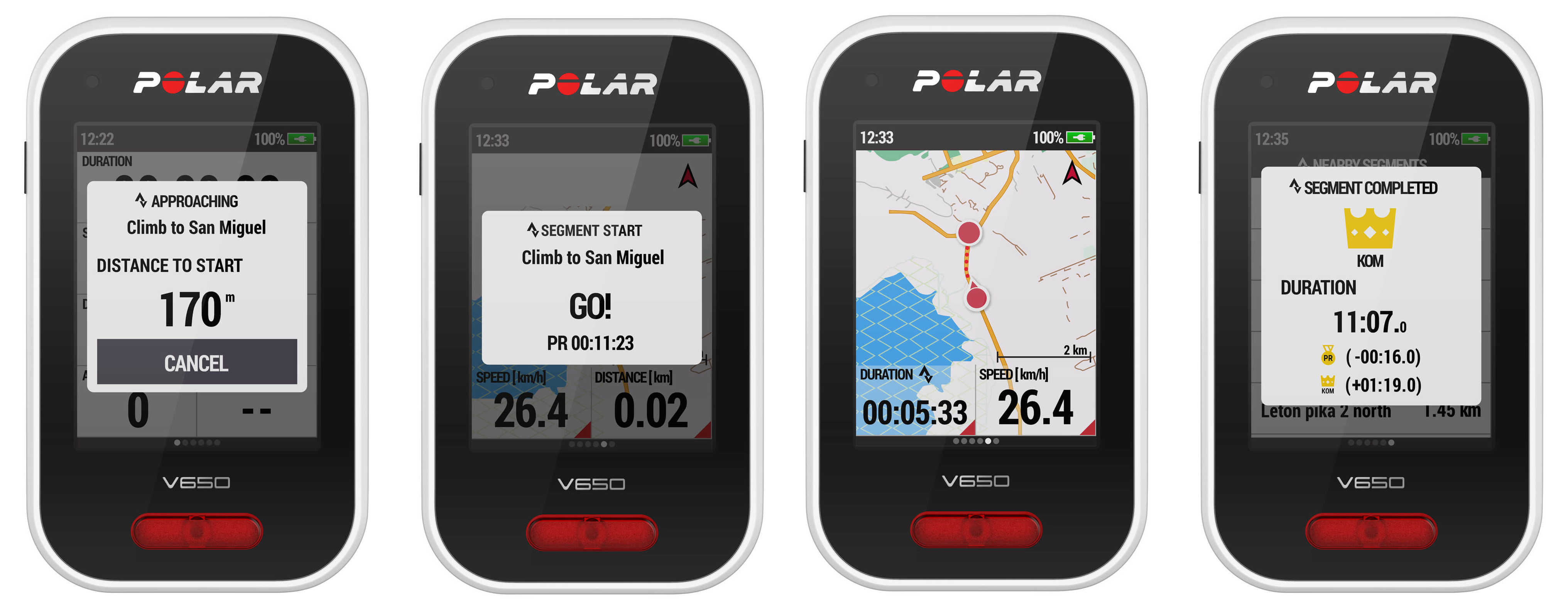 screenshots of the polar v650 and it's strava live segment capability