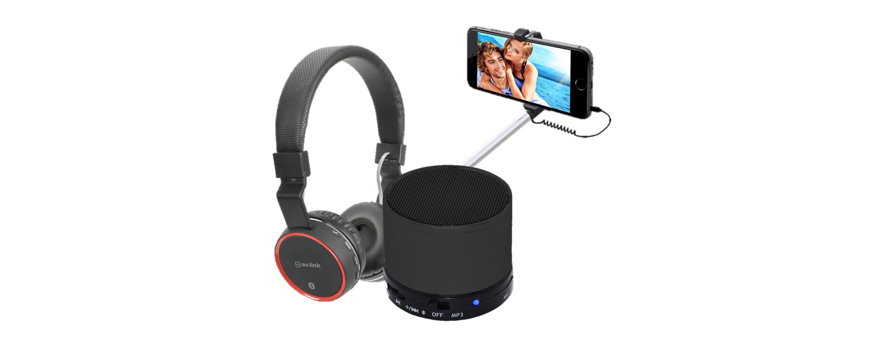 Some of the best on the go tech gadgets including wireless headphones, a selfie stick and a portable bluetooth speaker.