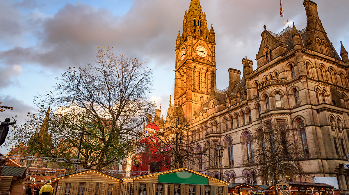 Manchester Christmas Market With Santa Clause in front of Town Hall