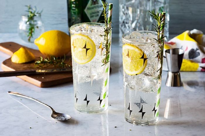 Rosemary Lemon Gin Fizz Alcoholic Cocktail with Ingredients