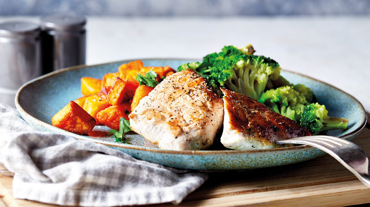 Healthy Roast Dinner with chicken, broccoli and sweet potato