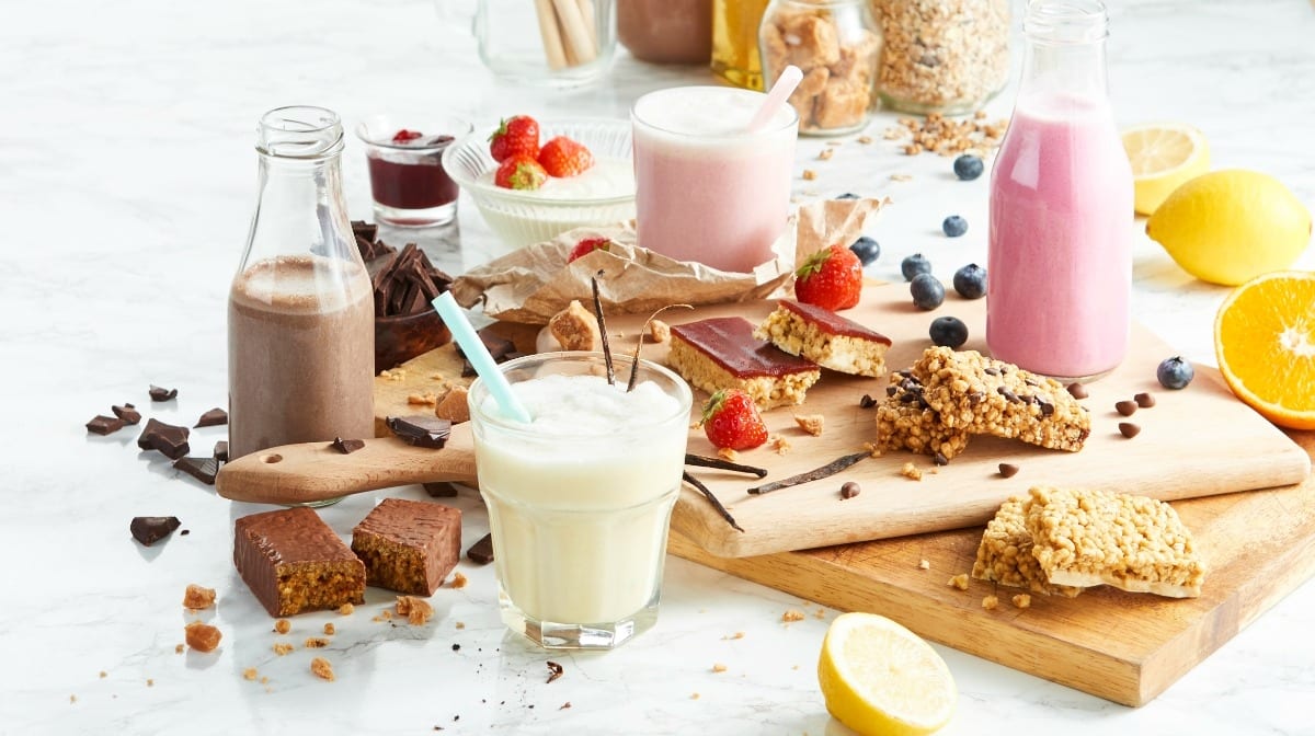 Selection of Exante shakes, bars and desserts