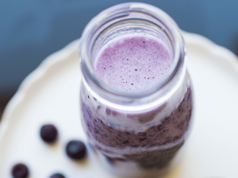 A healthy blueberry protein basil smoothie