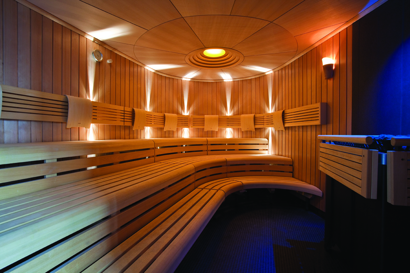 Heated wooden benches in a sauna in spa ESPA Riga 