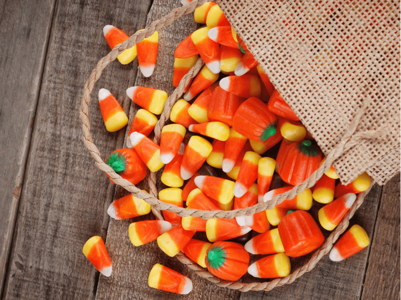 A bag of assorted halloween candy