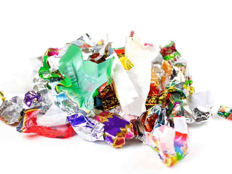 A pile of candy wrappers