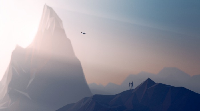 Miniature Landscapes by Fiddleoak: a small figure overlooking a mountain chain.
