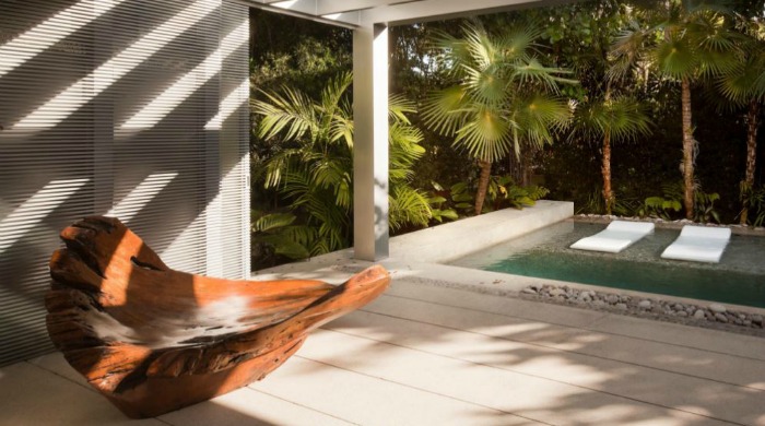 A natural looking chair made from a large piece of driftwood by the edge of the pool at a minimal Miami beach house.
