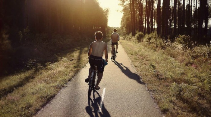 Two boys riding bicycles shirtless down a forest path by Raphaël Année.