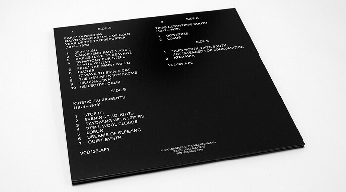 The back of a minimalist record sleeve by Jelle Martens in black with track listings in white letters.