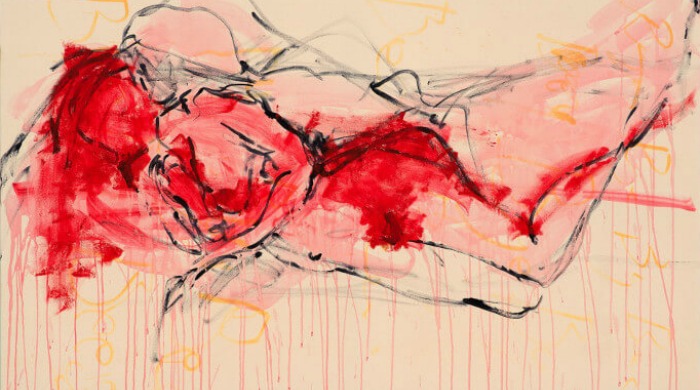 An abstract piece by Tracey Emin of loose lines of a woman with red highlights at Art Basel Hong Kong 2016.