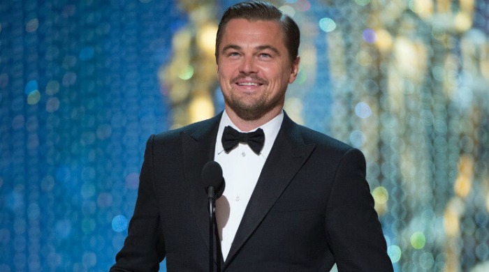 Leonardo DiCaprio accepting his Oscar.