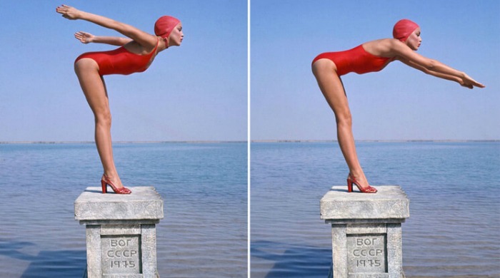 A model in a red swimming costume posing on a plynth.