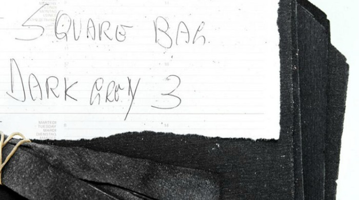 A piece of paper that reads "square bag dark grey 3".